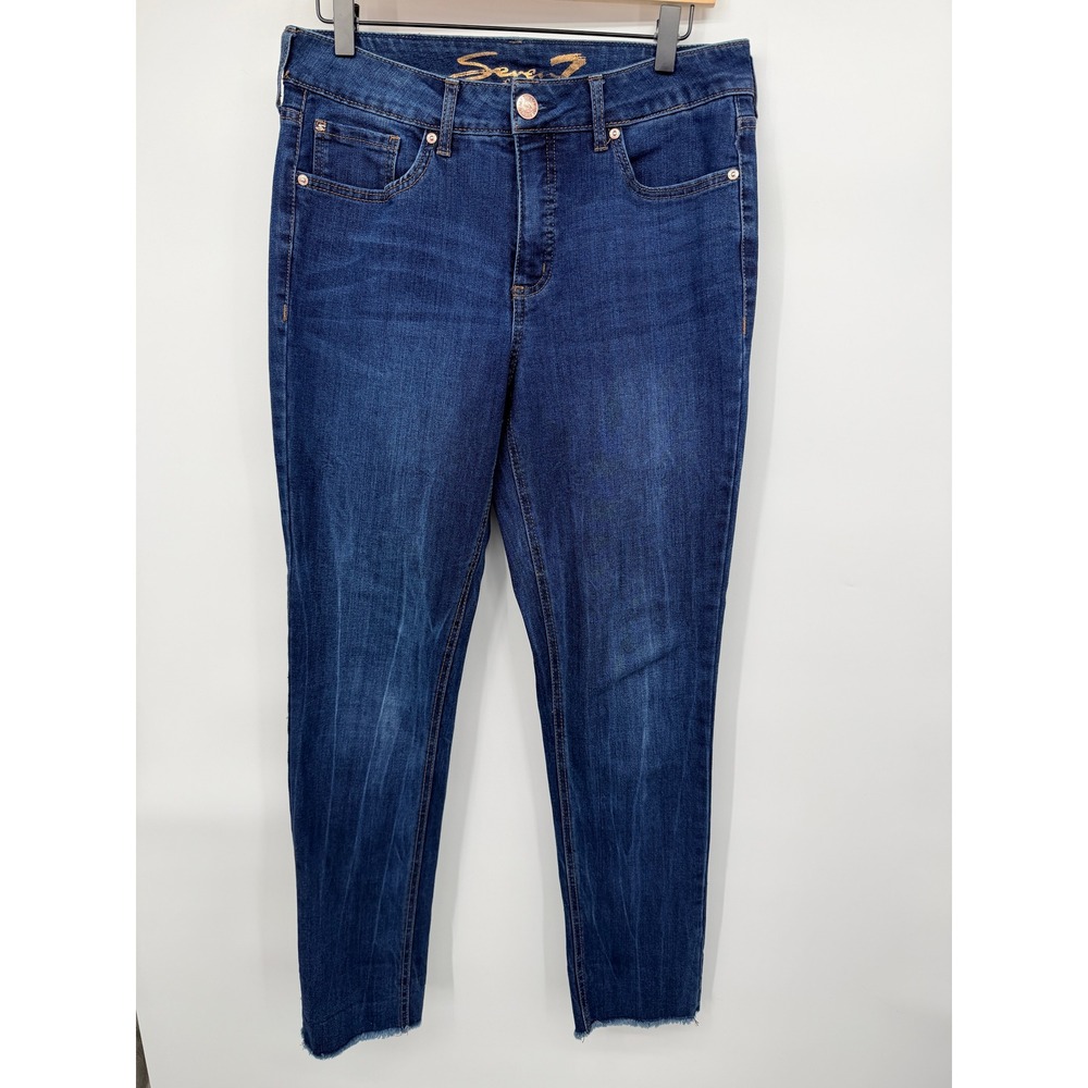 Seven7 Skinny Jeans Women 32 Dark Wash Excellent Raw Hem Mid Rise Stretch Denim